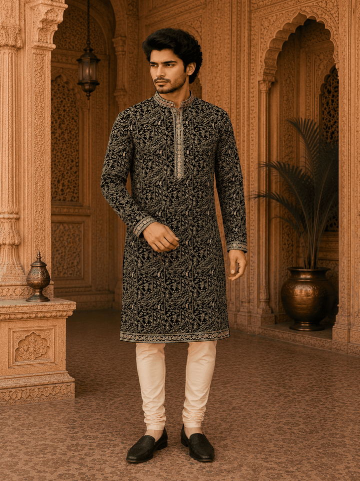 Royal Black Embroidered Men’s Kurta Set (With Inner Lining | SHOBITAM