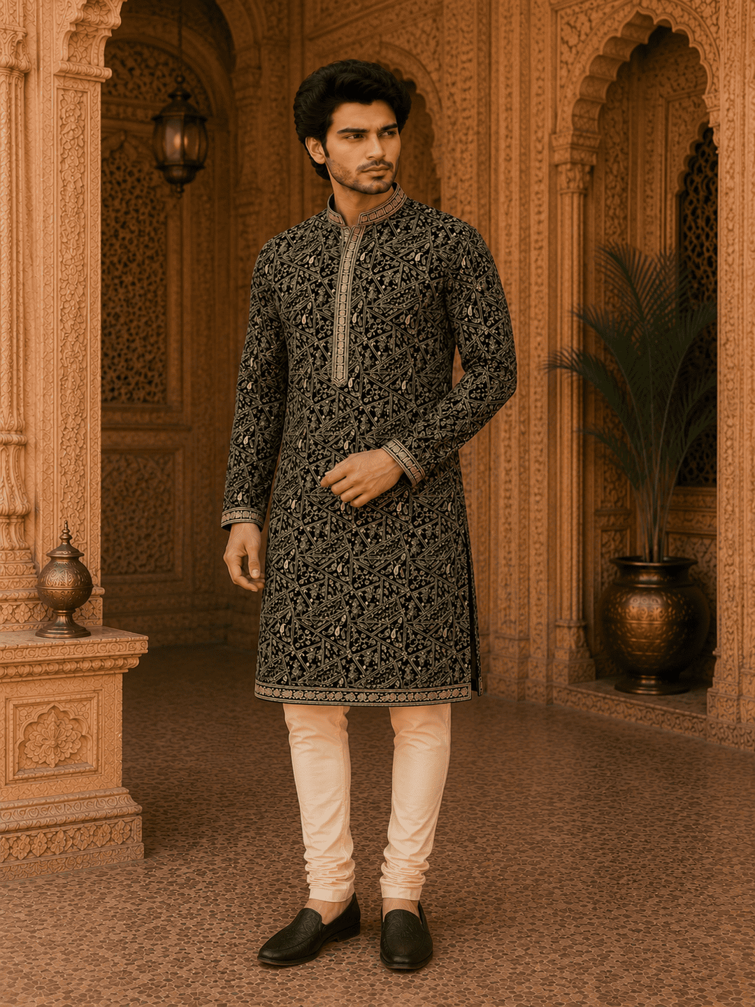 Royal Black Embroidered Men’s Kurta Set (With Inner Lining | SHOBITAM