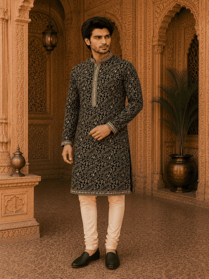 Royal Black Embroidered Men’s Kurta Set (With Inner Lining | SHOBITAM