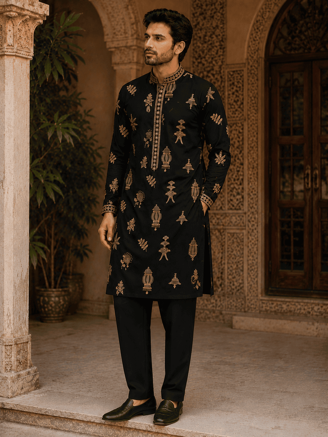 Midnight Black Gold Motif Embroidered Kurta Set with Inner Lining (Astar) | SHOBITAM