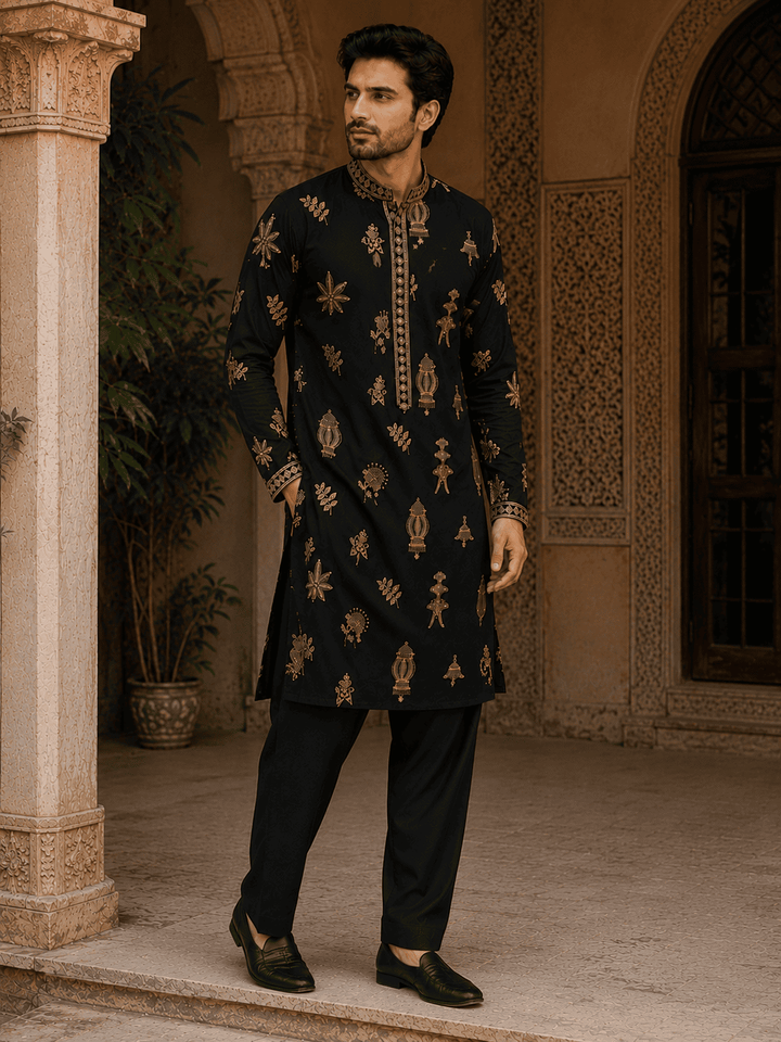 Midnight Black Gold Motif Embroidered Kurta Set with Inner Lining (Astar) | SHOBITAM