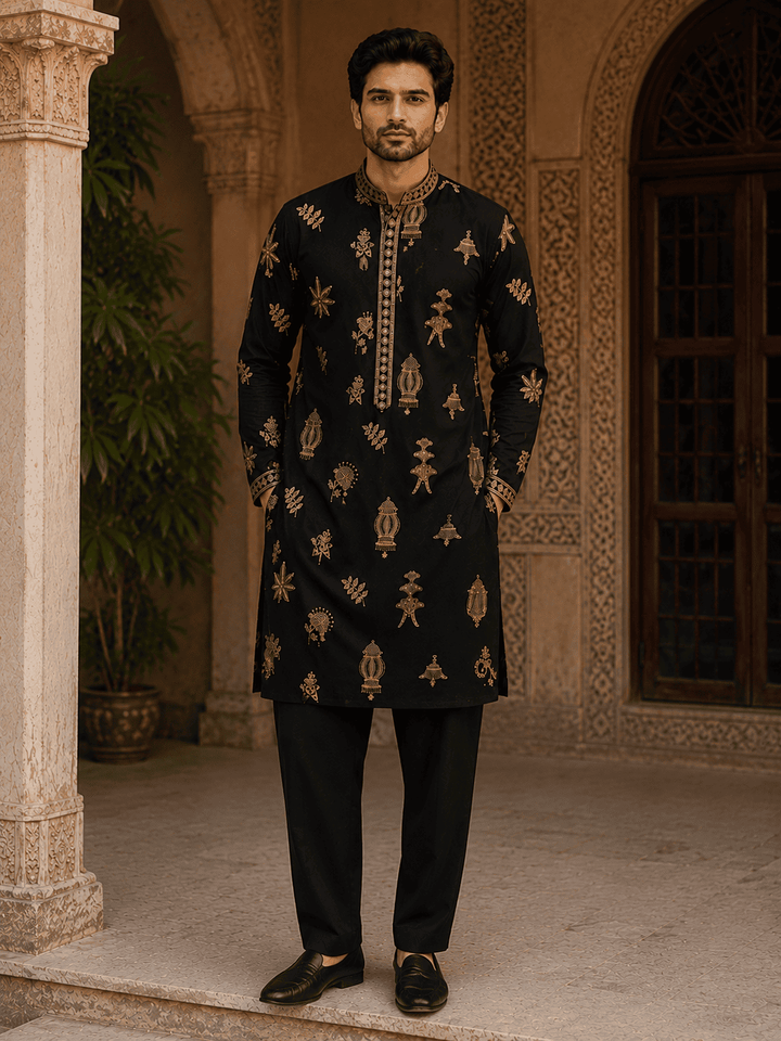 Midnight Black Gold Motif Embroidered Kurta Set with Inner Lining (Astar) | SHOBITAM