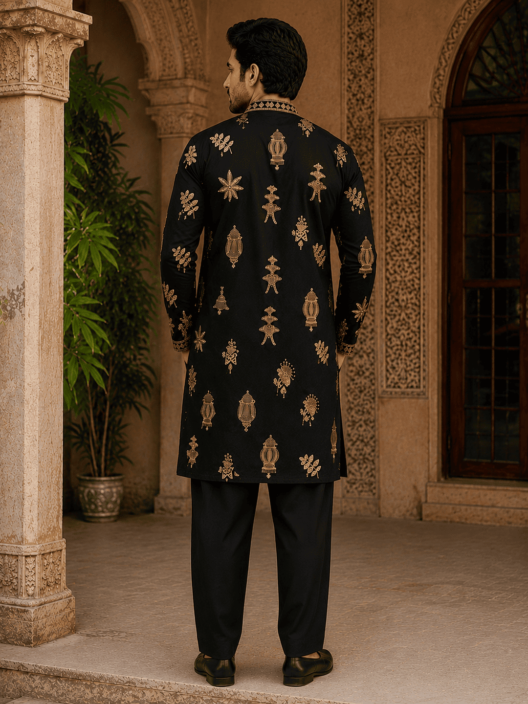 Midnight Black Gold Motif Embroidered Kurta Set with Inner Lining (Astar) | SHOBITAM