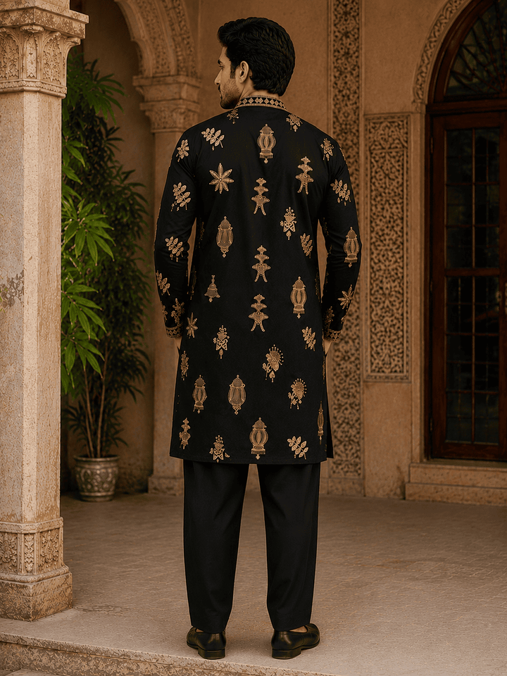 Midnight Black Gold Motif Embroidered Kurta Set with Inner Lining (Astar) | SHOBITAM