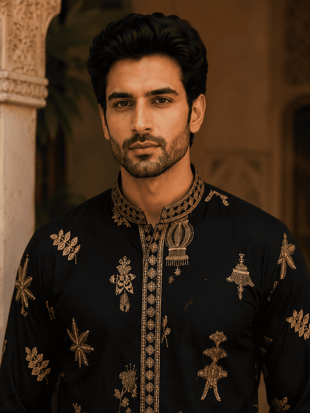 Midnight Black Gold Motif Embroidered Kurta Set with Inner Lining (Astar) | SHOBITAM