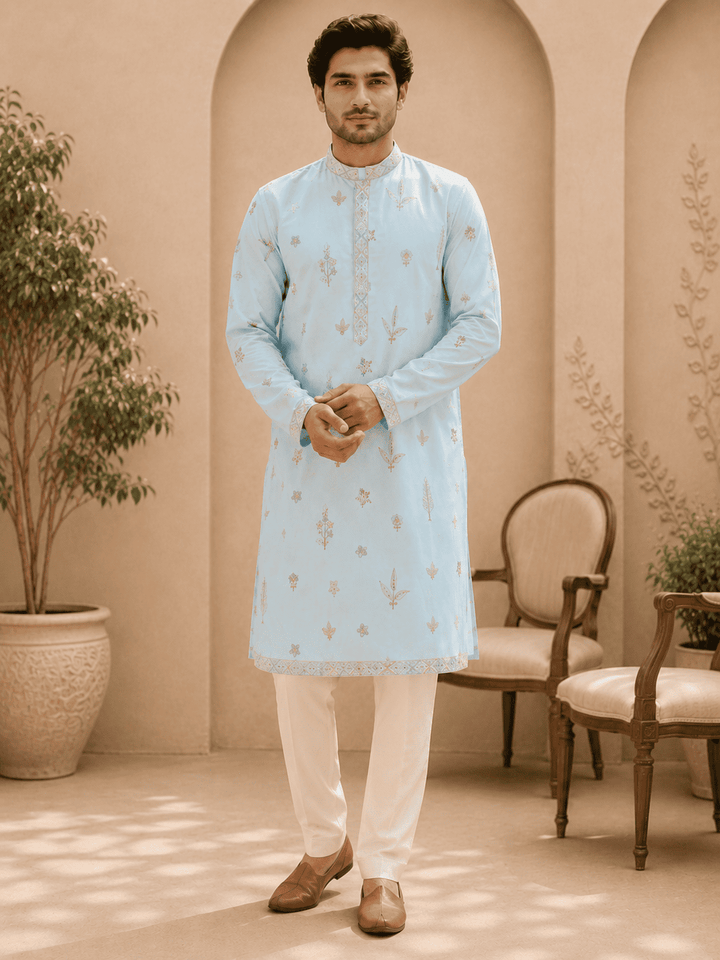 Sky Blue Embroidered Men’s Kurta Set | SHOBITAM