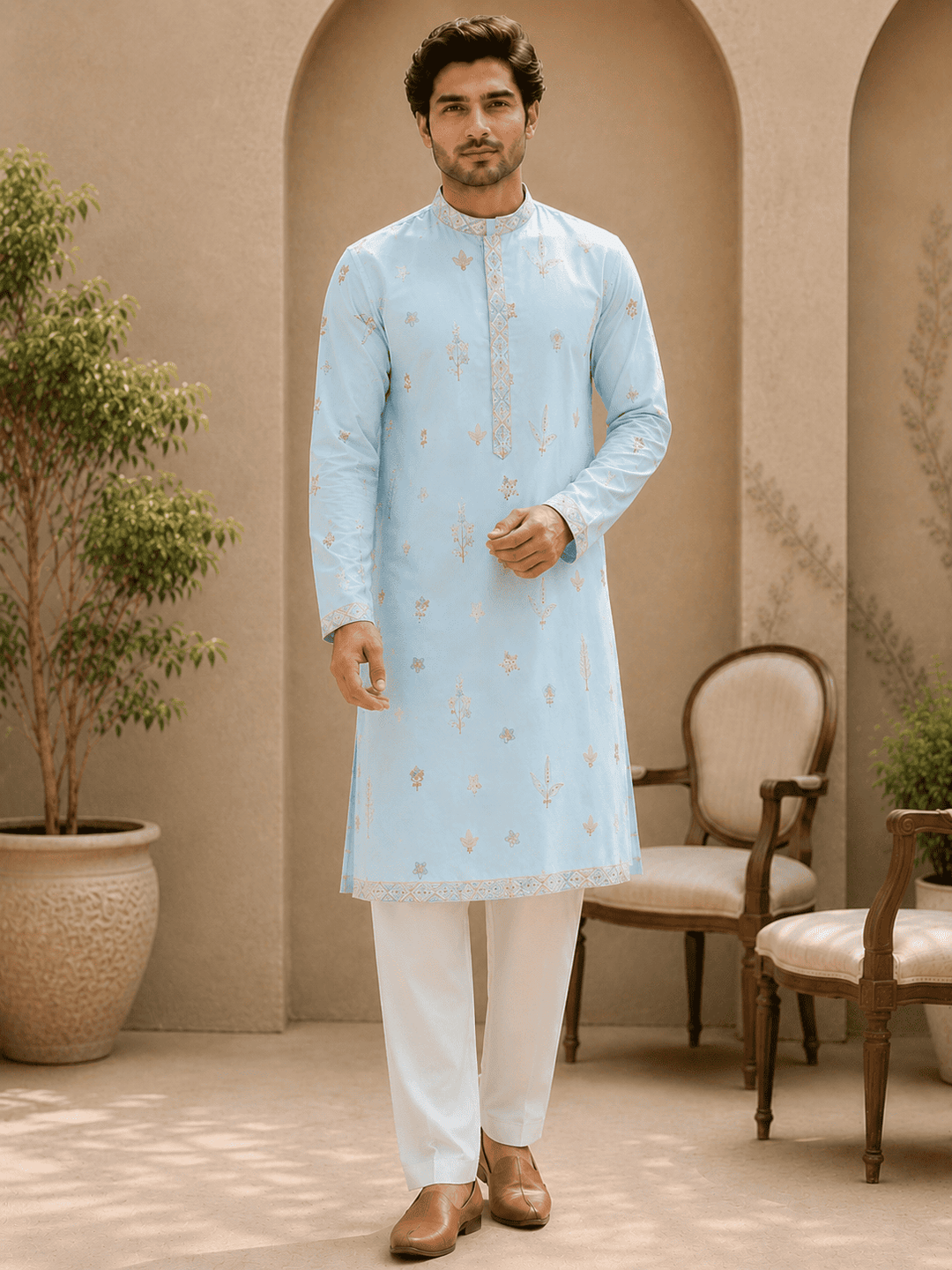 Sky Blue Embroidered Men’s Kurta Set | SHOBITAM
