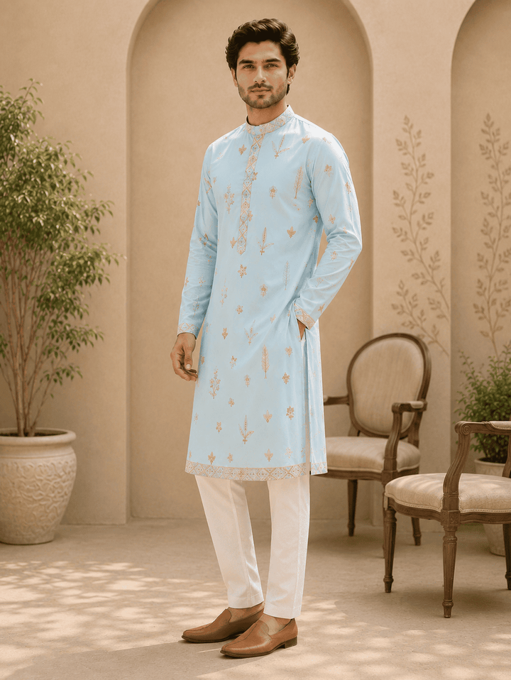 Sky Blue Embroidered Men’s Kurta Set | SHOBITAM
