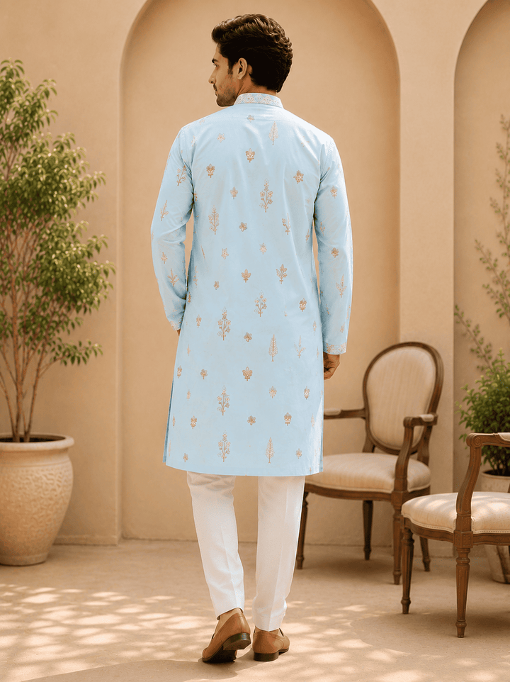 Sky Blue Embroidered Men’s Kurta Set | SHOBITAM