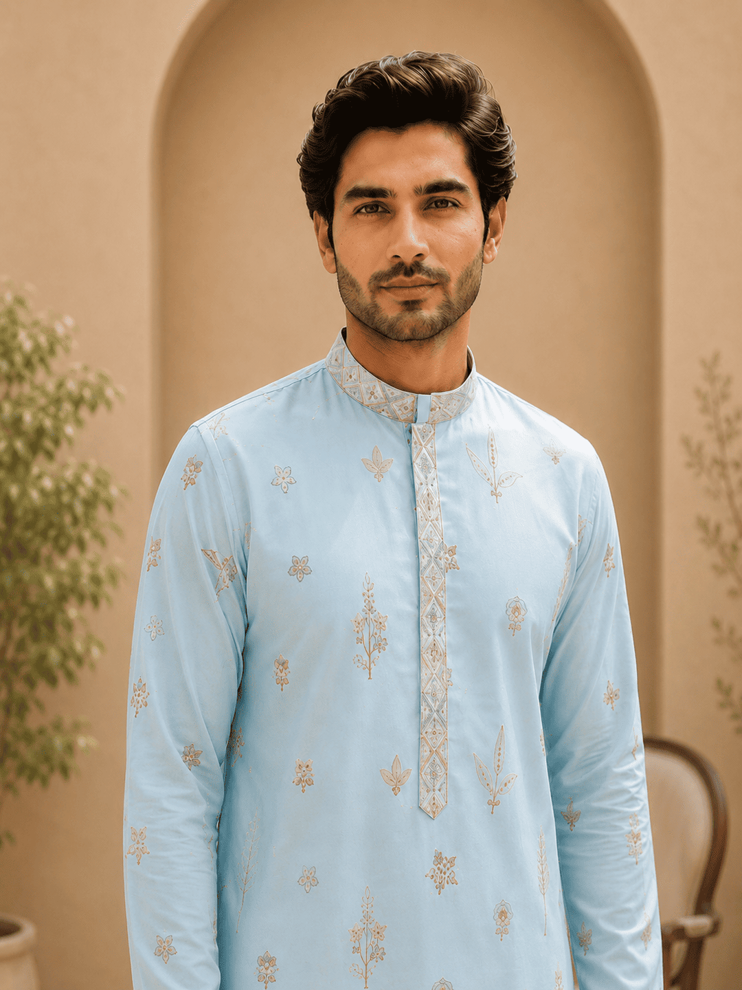 Sky Blue Embroidered Men’s Kurta Set | SHOBITAM