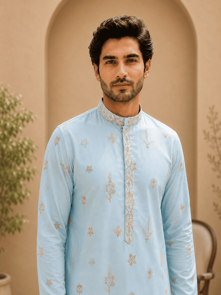 Sky Blue Embroidered Men’s Kurta Set | SHOBITAM
