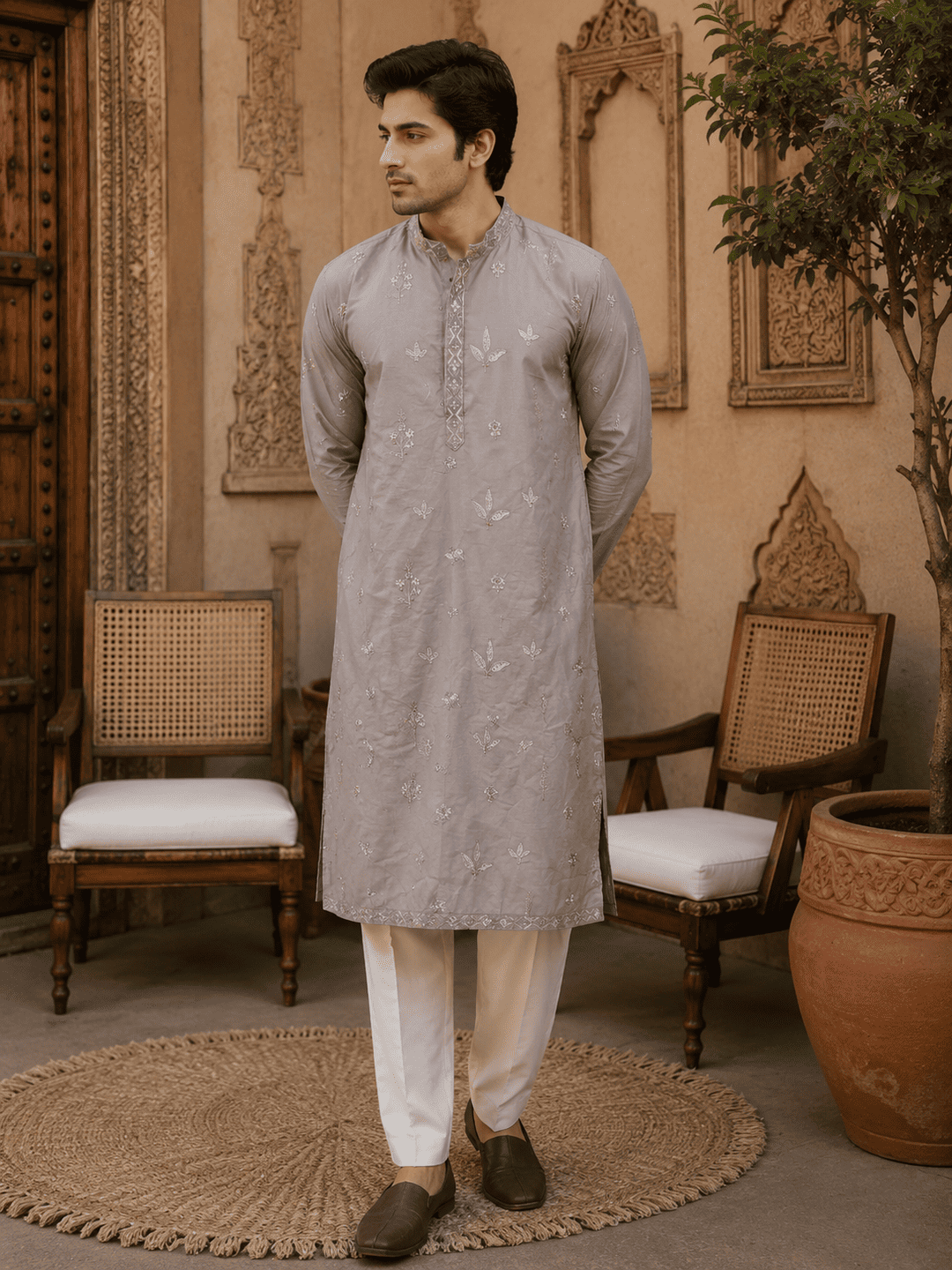 Dusty Grey Pastel Embroidered Men’s Kurta Set | SHOBITAM