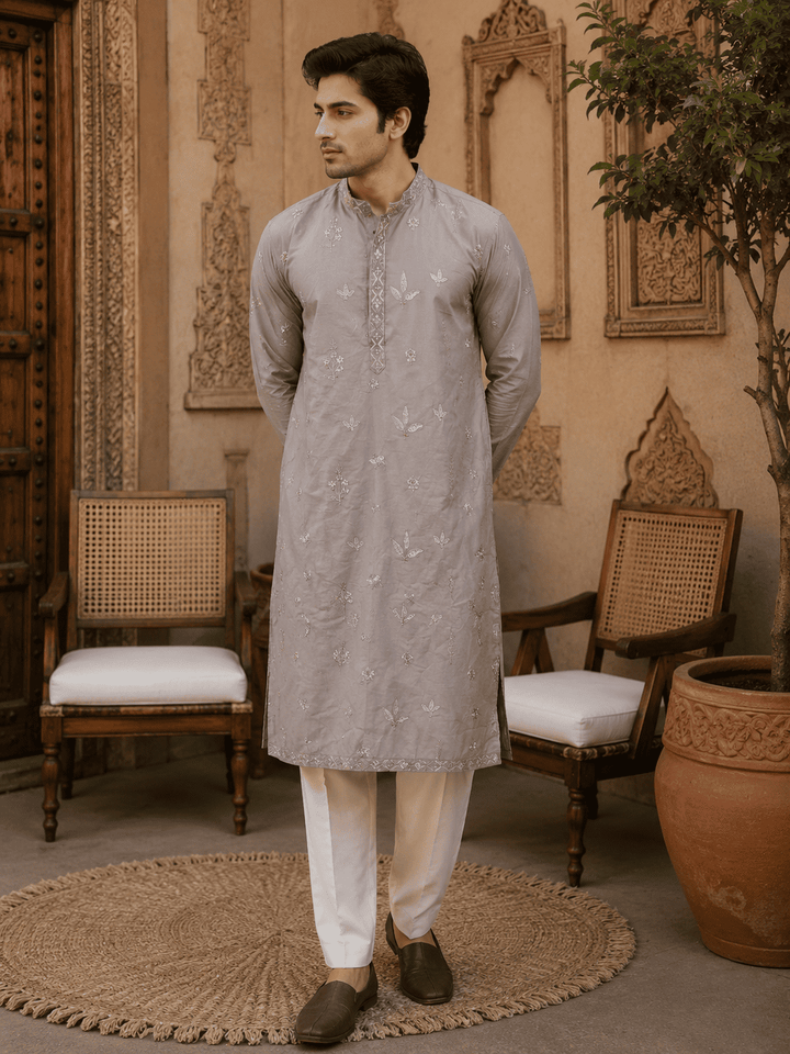 Dusty Grey Pastel Embroidered Men’s Kurta Set | SHOBITAM