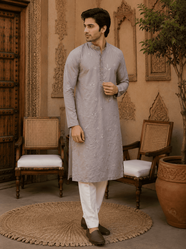 Dusty Grey Pastel Embroidered Men’s Kurta Set | SHOBITAM