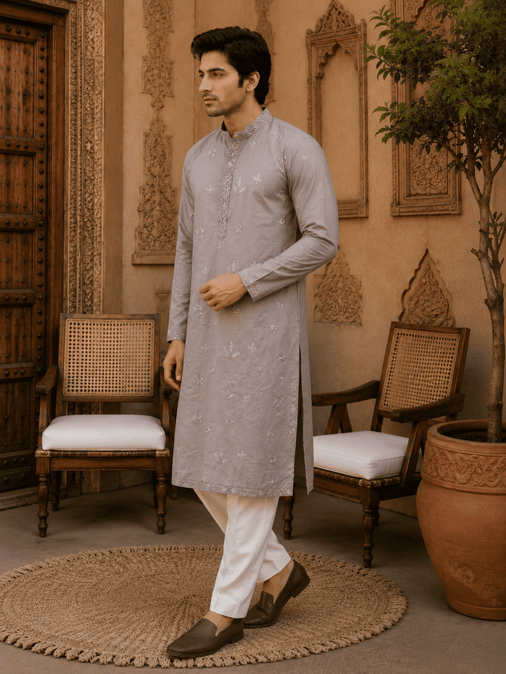 Dusty Grey Pastel Embroidered Men’s Kurta Set | SHOBITAM