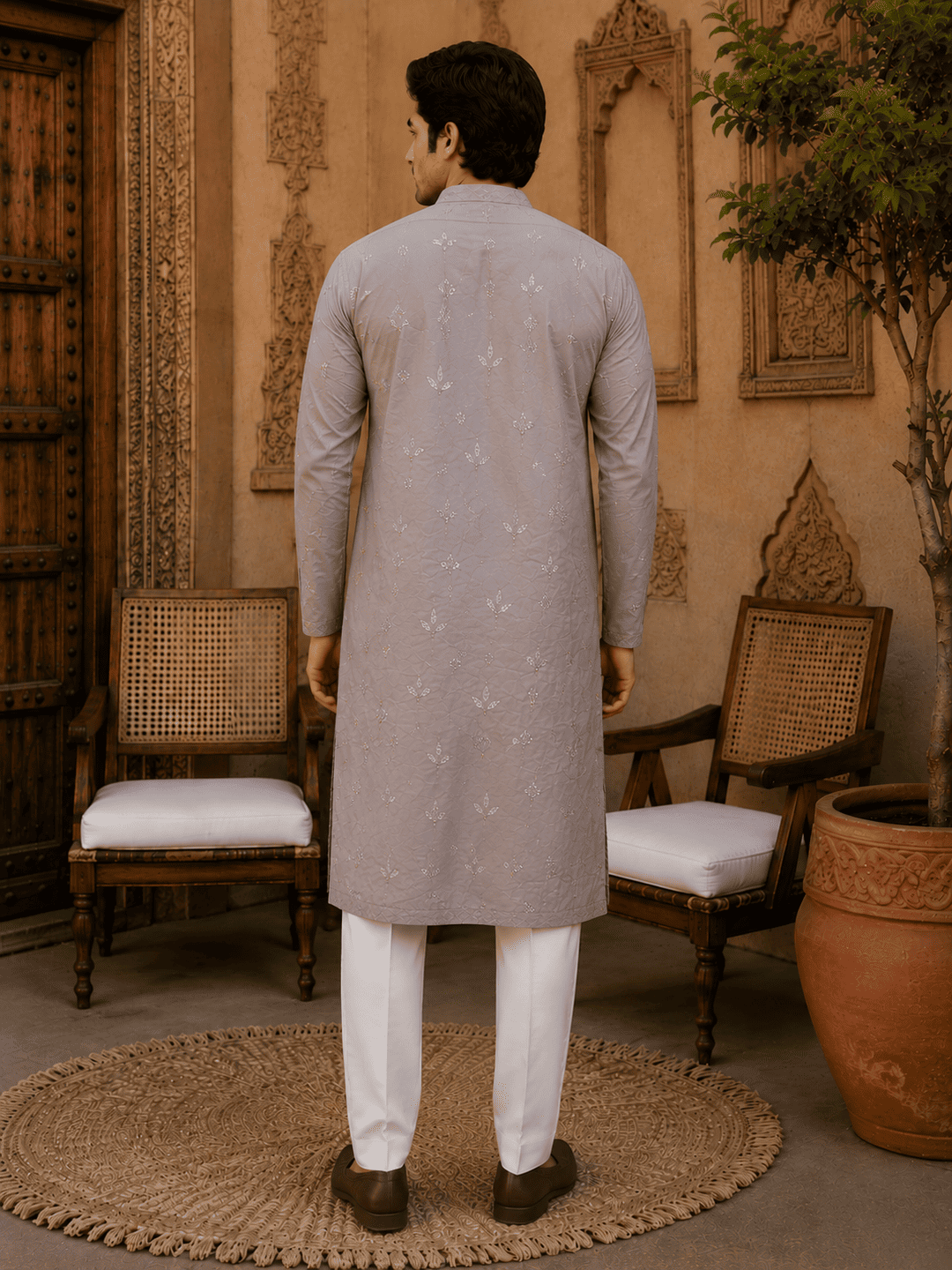 Dusty Grey Pastel Embroidered Men’s Kurta Set | SHOBITAM