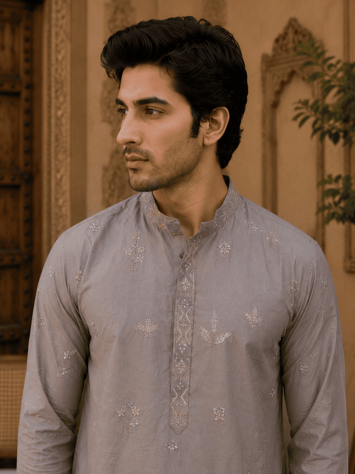Dusty Grey Pastel Embroidered Men’s Kurta Set | SHOBITAM