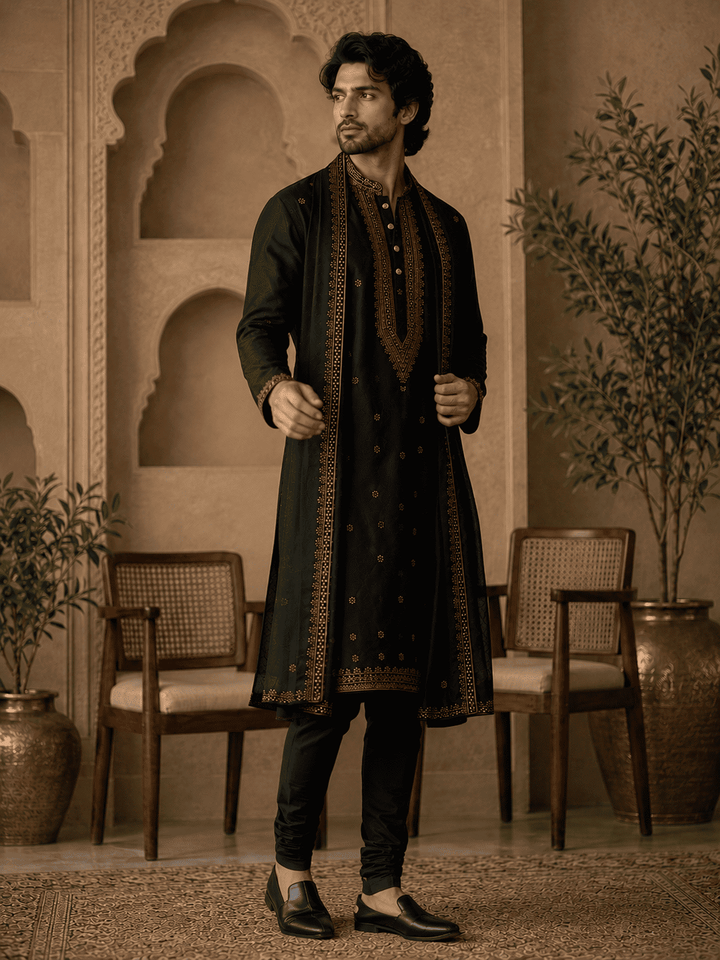 Midnight Royale Embroidered Kurta Set with Stole | SHOBITAM