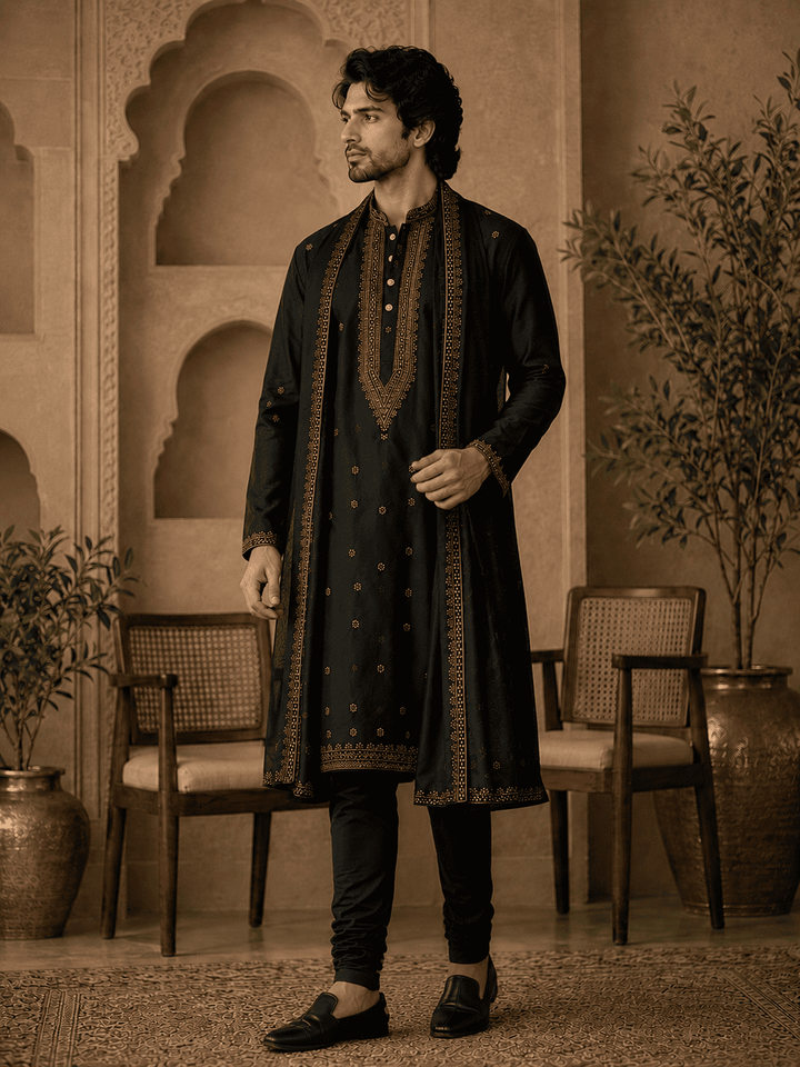 Midnight Royale Embroidered Kurta Set with Stole | SHOBITAM