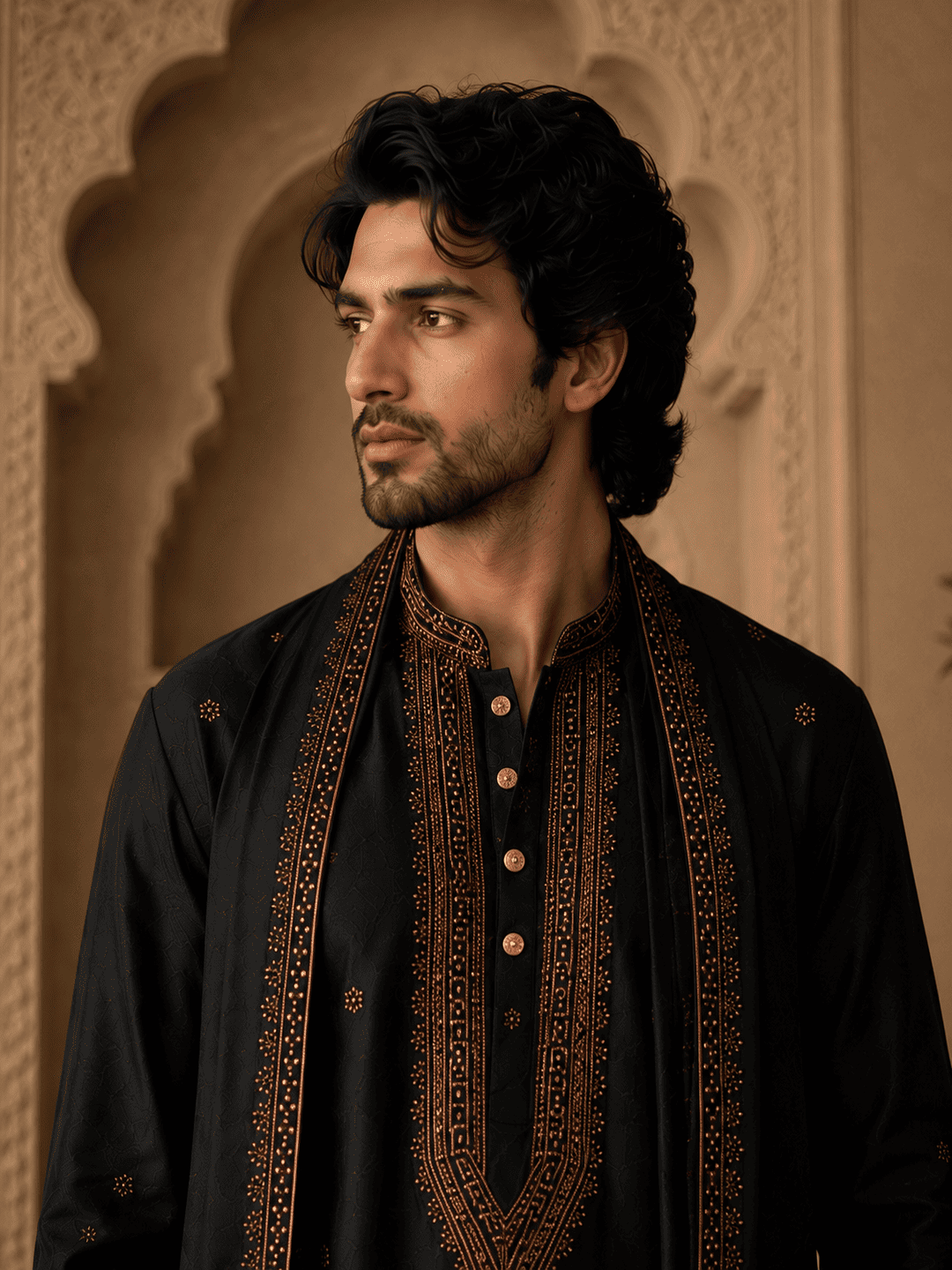 Midnight Royale Embroidered Kurta Set with Stole | SHOBITAM