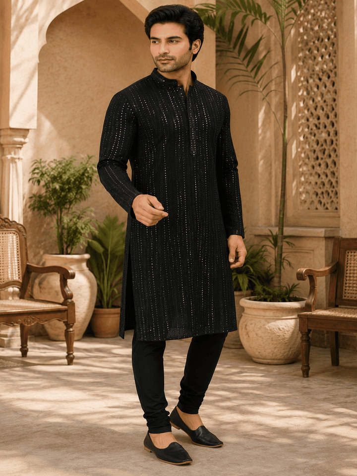 Midnight Luxe Black Embellished Kurta Set | SHOBITAM