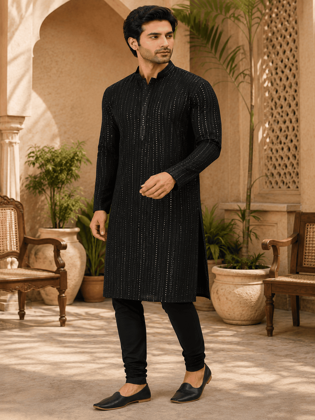 Midnight Luxe Black Embellished Kurta Set | SHOBITAM