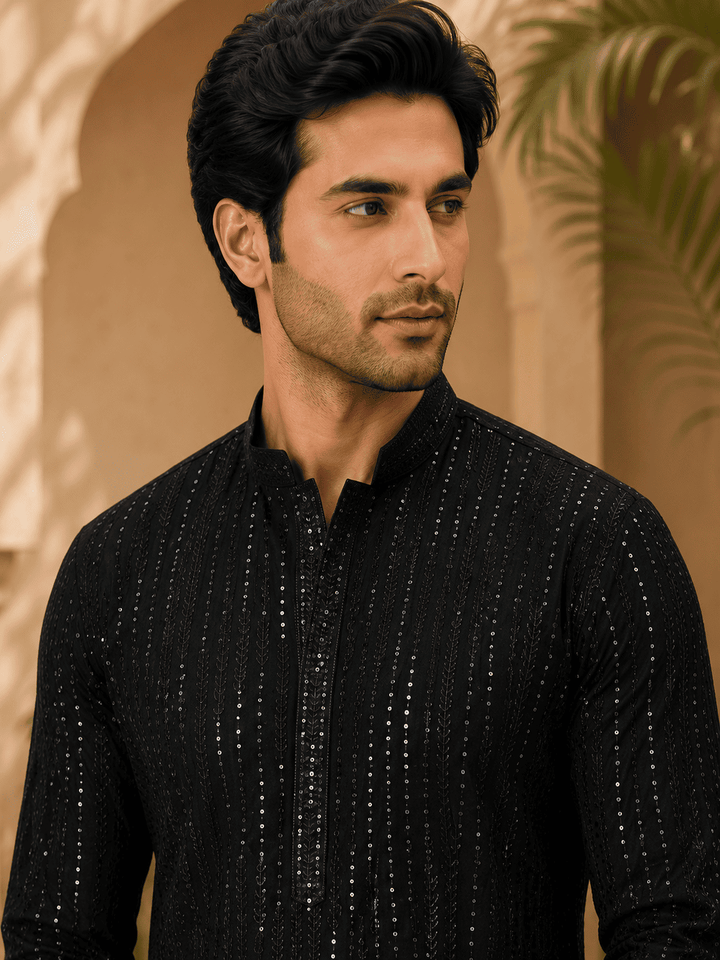 Midnight Luxe Black Embellished Kurta Set | SHOBITAM