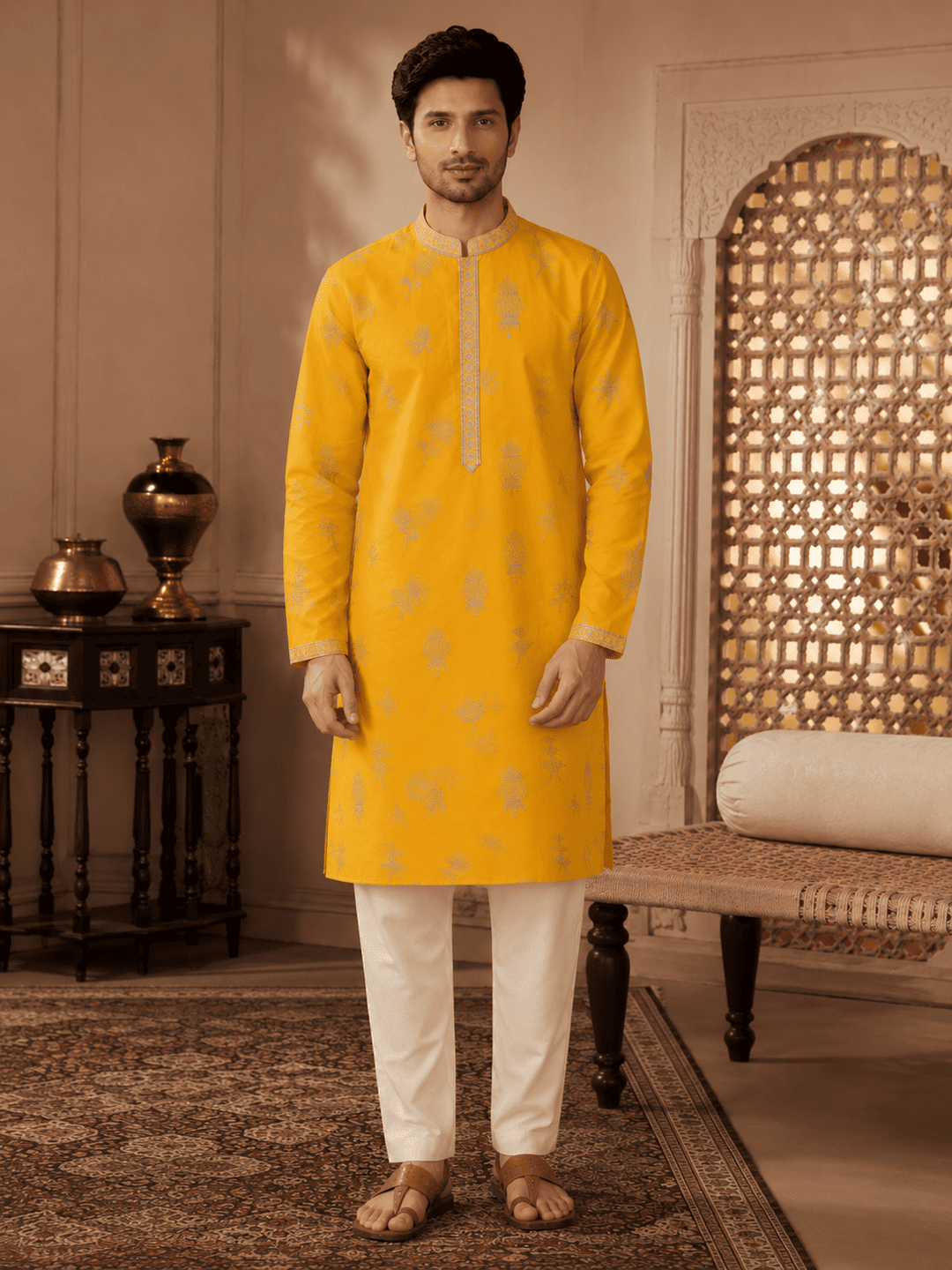 Men's Mustard Yellow Woven Ethnic Kurta Set | SHOBITAM