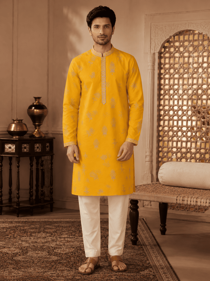 Men's Mustard Yellow Woven Ethnic Kurta Set | SHOBITAM