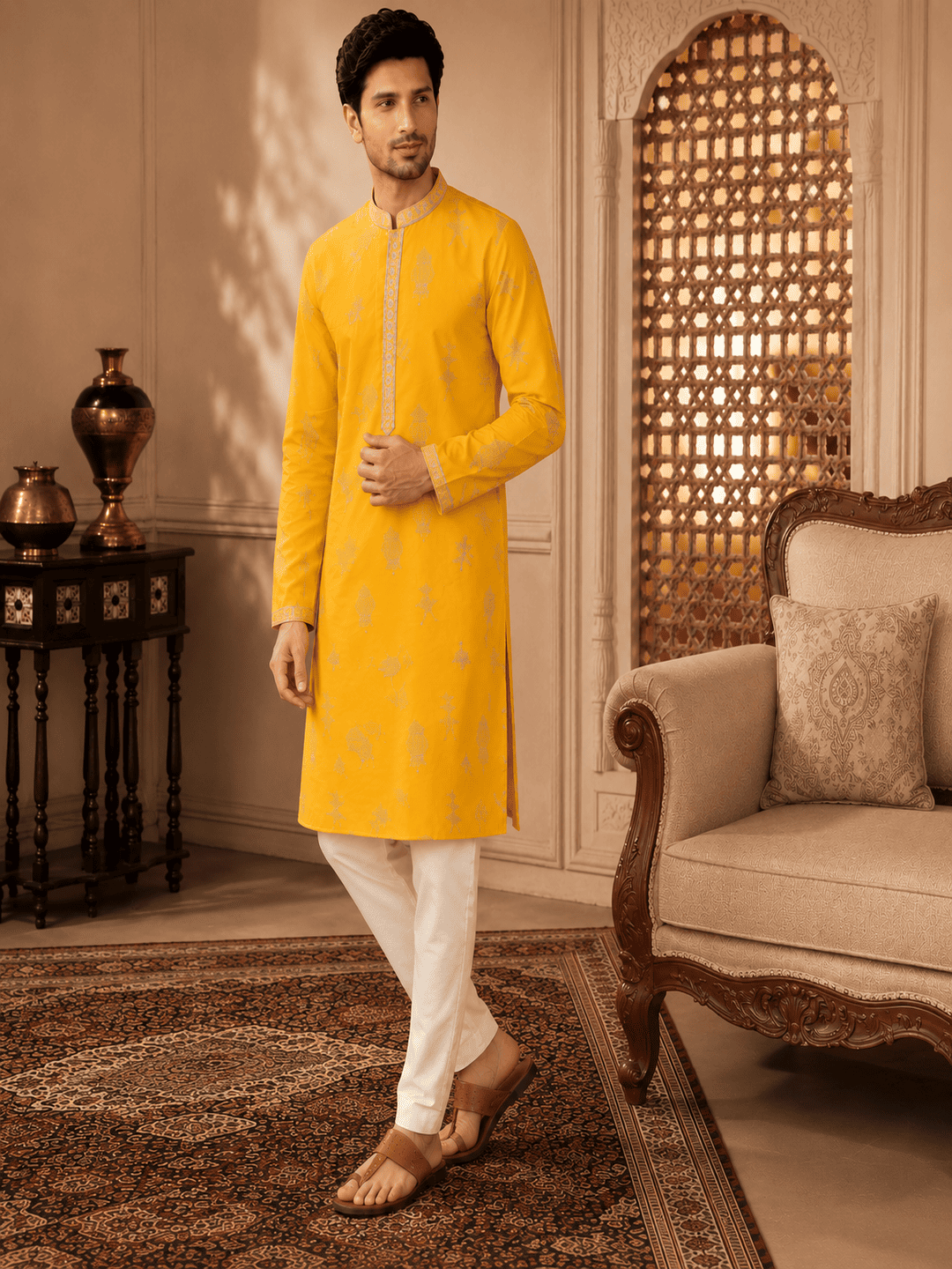 Men's Mustard Yellow Woven Ethnic Kurta Set | SHOBITAM