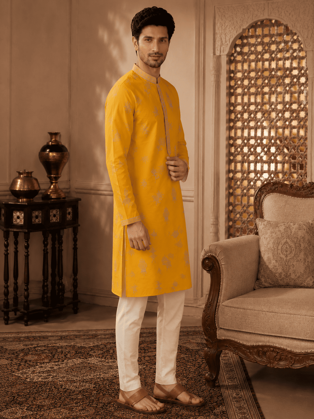 Men's Mustard Yellow Woven Ethnic Kurta Set | SHOBITAM