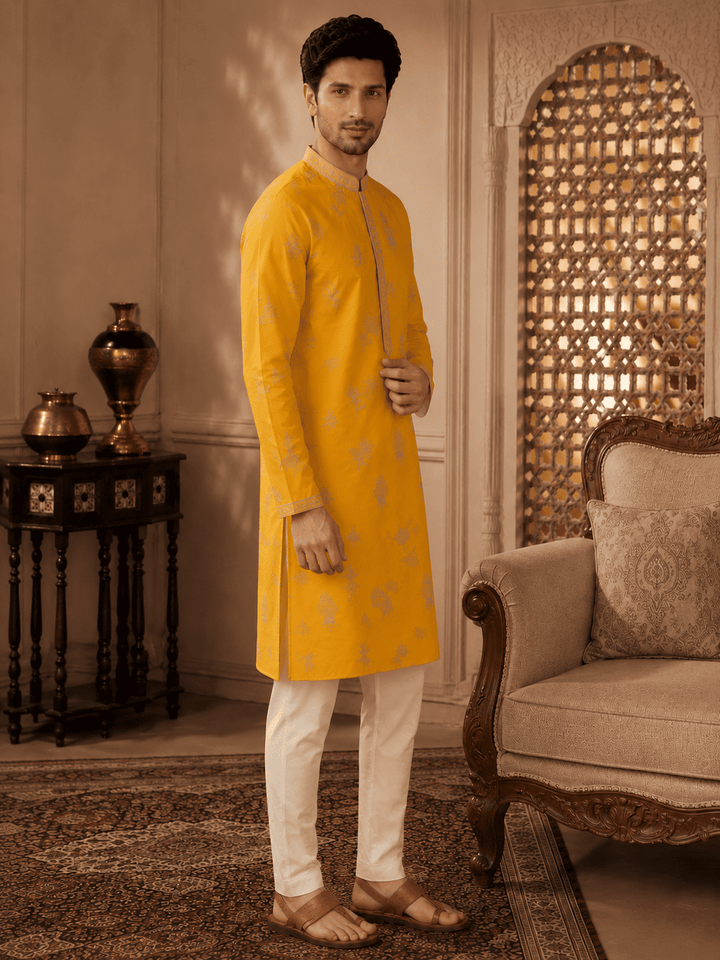Men's Mustard Yellow Woven Ethnic Kurta Set | SHOBITAM