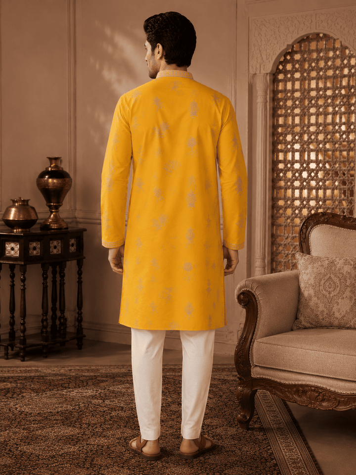 Men's Mustard Yellow Woven Ethnic Kurta Set | SHOBITAM