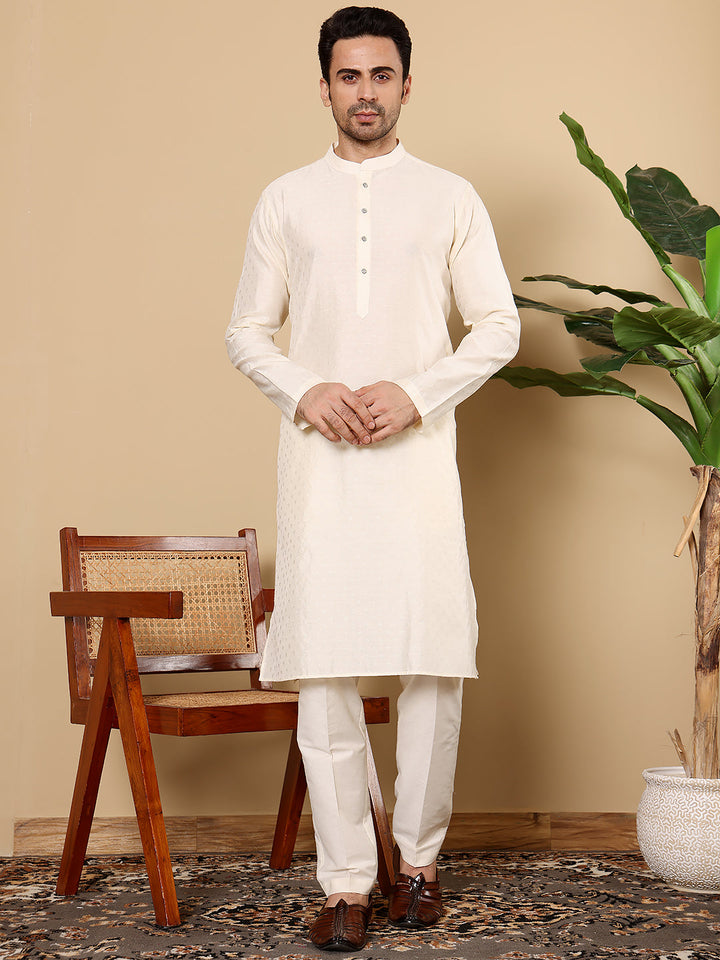 Men's Off-White Straight Viscose Silk kurta with Textured Effect and Off White solid trouser style churidar | SHOBITAM