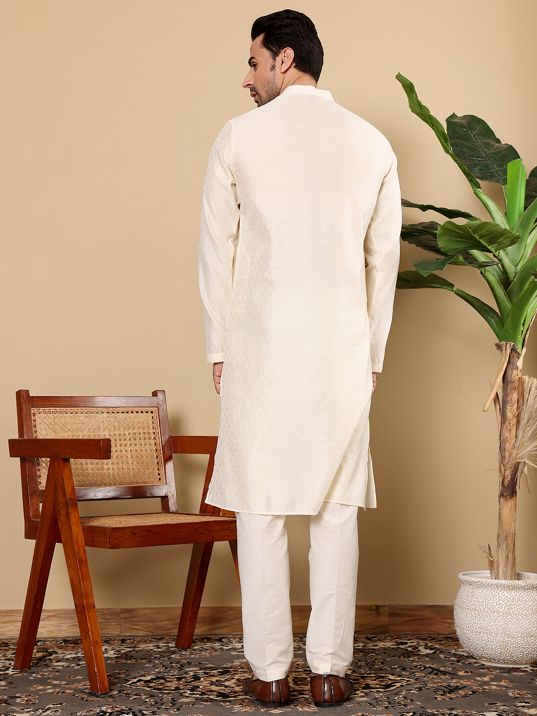Men's Off-White Straight Viscose Silk kurta with Textured Effect and Off White solid trouser style churidar | SHOBITAM