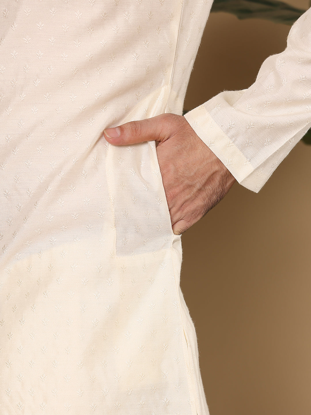 Men's Off-White Straight Viscose Silk kurta with Textured Effect and Off White solid trouser style churidar | SHOBITAM