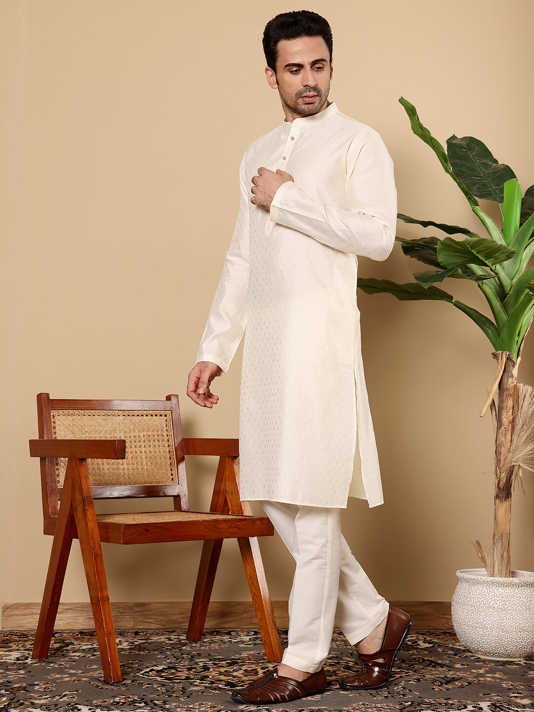 Men's Off-White Straight Viscose Silk kurta with Textured Effect and Off White solid trouser style churidar | SHOBITAM