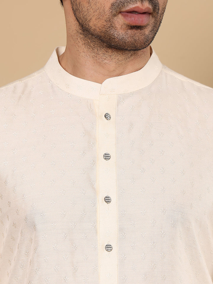 Men's Off-White Straight Viscose Silk kurta with Textured Effect and Off White solid trouser style churidar | SHOBITAM