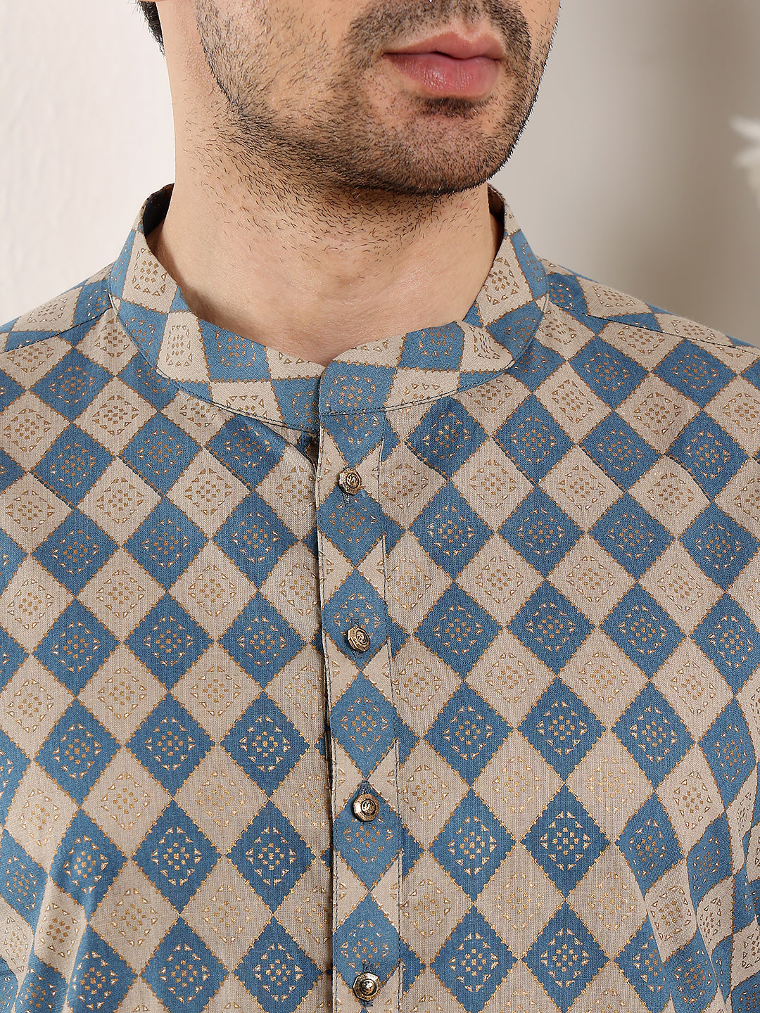 Men's Elegant Printed Blue and Cream Straight Cotton Kurta ,Cream solid trouser style churidar | SHOBITAM