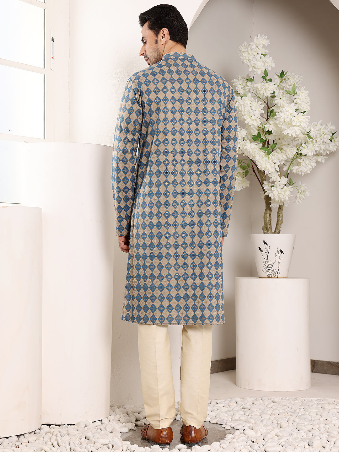 Men's Long Sleeve Mandarin Collar Elegant Printed Blue and Cream Straight Cotton Kurta | SHOBITAM