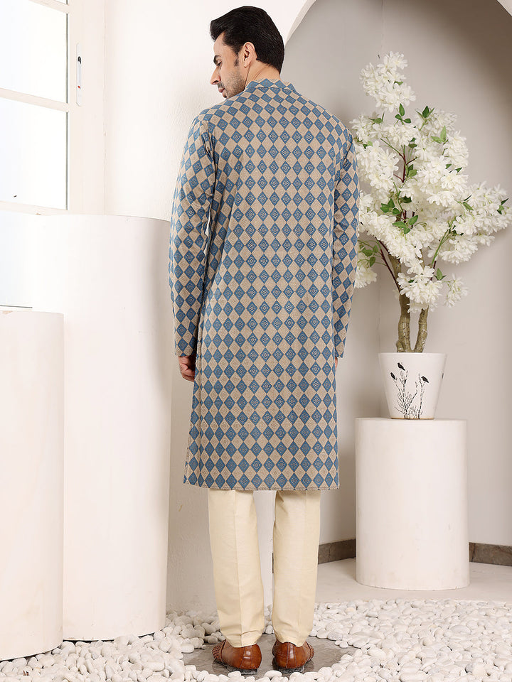 Men's Elegant Printed Blue and Cream Straight Cotton Kurta ,Cream solid trouser style churidar | SHOBITAM