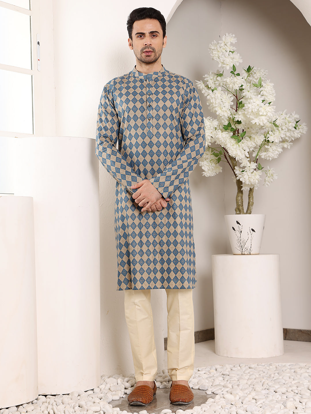 Men's Long Sleeve Mandarin Collar Elegant Printed Blue and Cream Straight Cotton Kurta | SHOBITAM