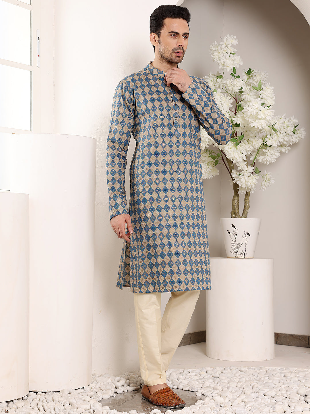Men's Elegant Printed Blue and Cream Straight Cotton Kurta ,Cream solid trouser style churidar | SHOBITAM