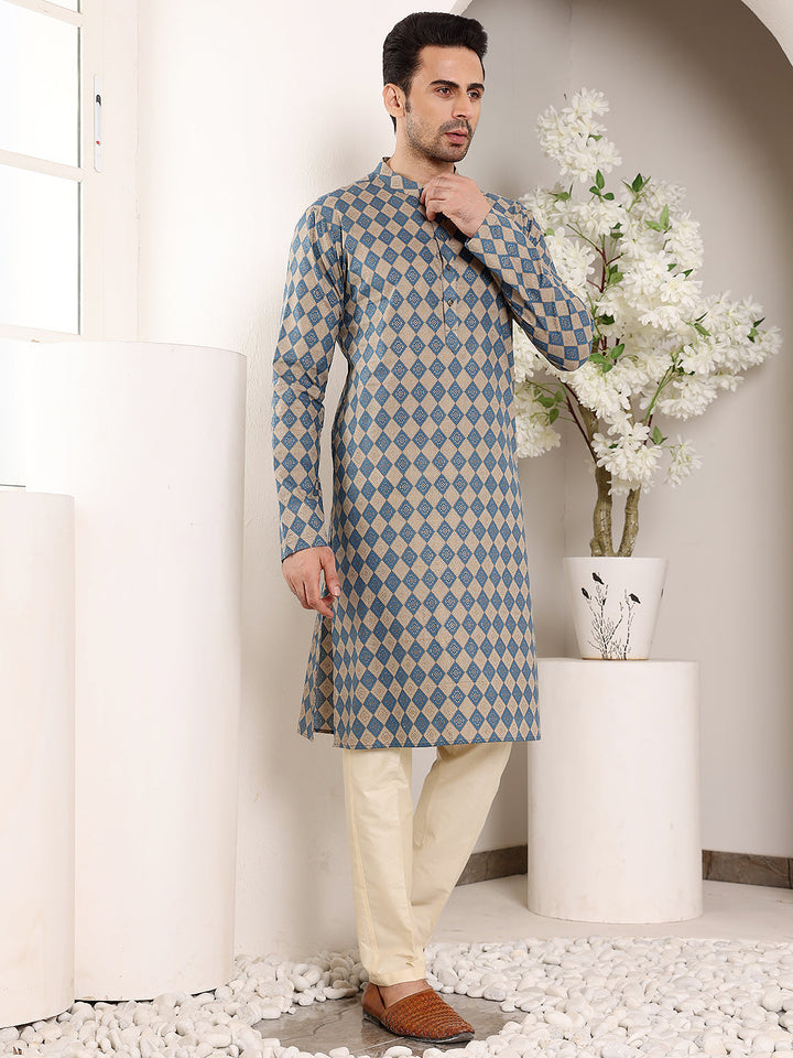 Men's Elegant Printed Blue and Cream Straight Cotton Kurta ,Cream solid trouser style churidar | SHOBITAM