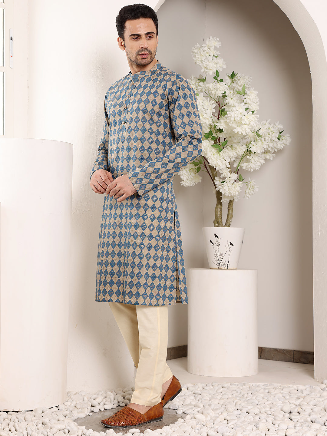 Men's Long Sleeve Mandarin Collar Elegant Printed Blue and Cream Straight Cotton Kurta | SHOBITAM