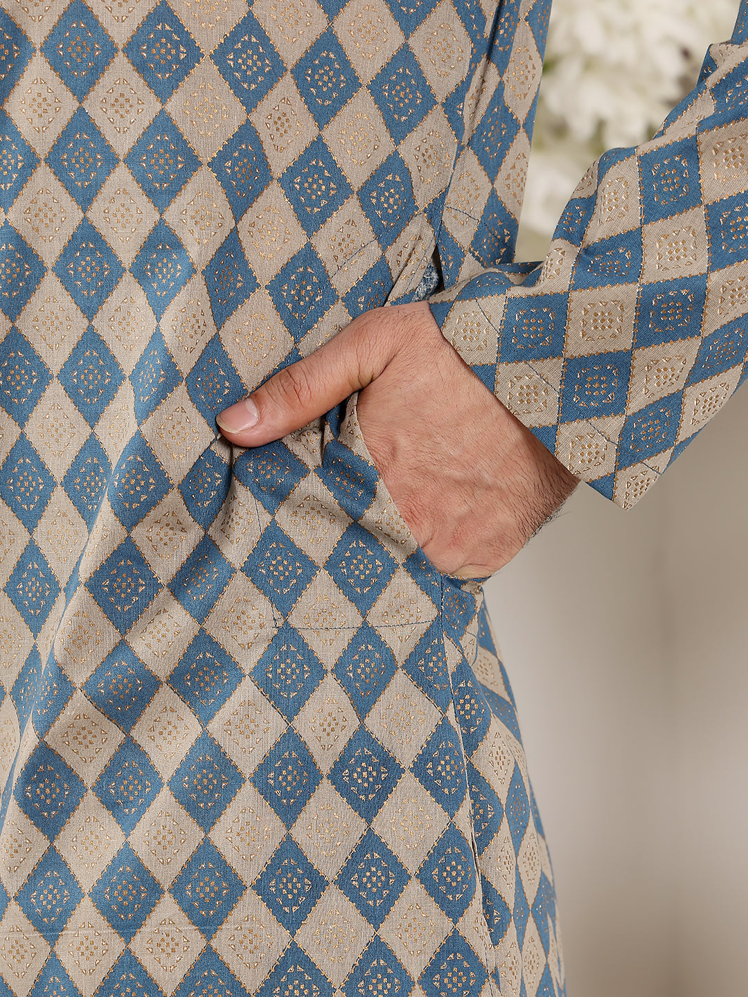 Men's Long Sleeve Mandarin Collar Elegant Printed Blue and Cream Straight Cotton Kurta | SHOBITAM