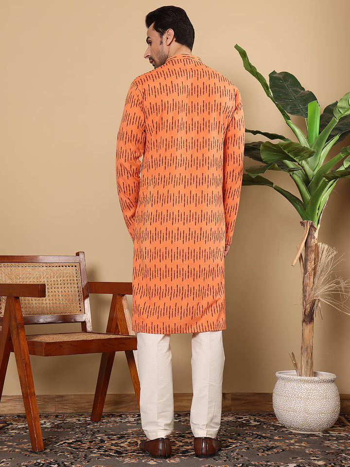 Men's Orange Straight Cotton Printed Kurta,Cream solid trouser style churidar | SHOBITAM
