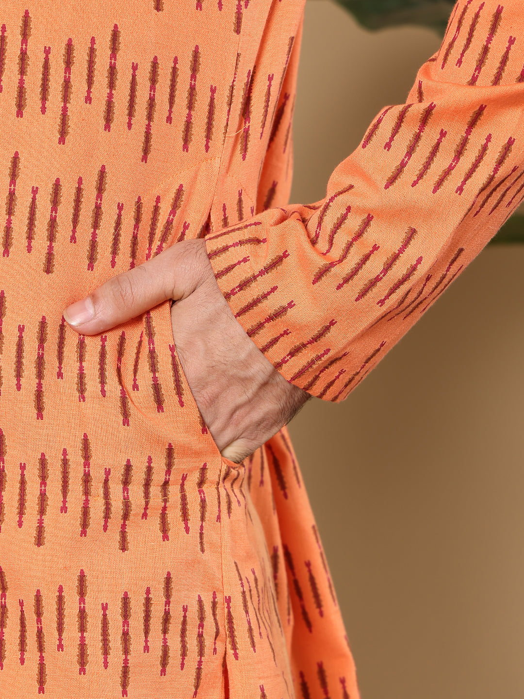 Men's Orange Straight Cotton Printed Kurta,Cream solid trouser style churidar | SHOBITAM