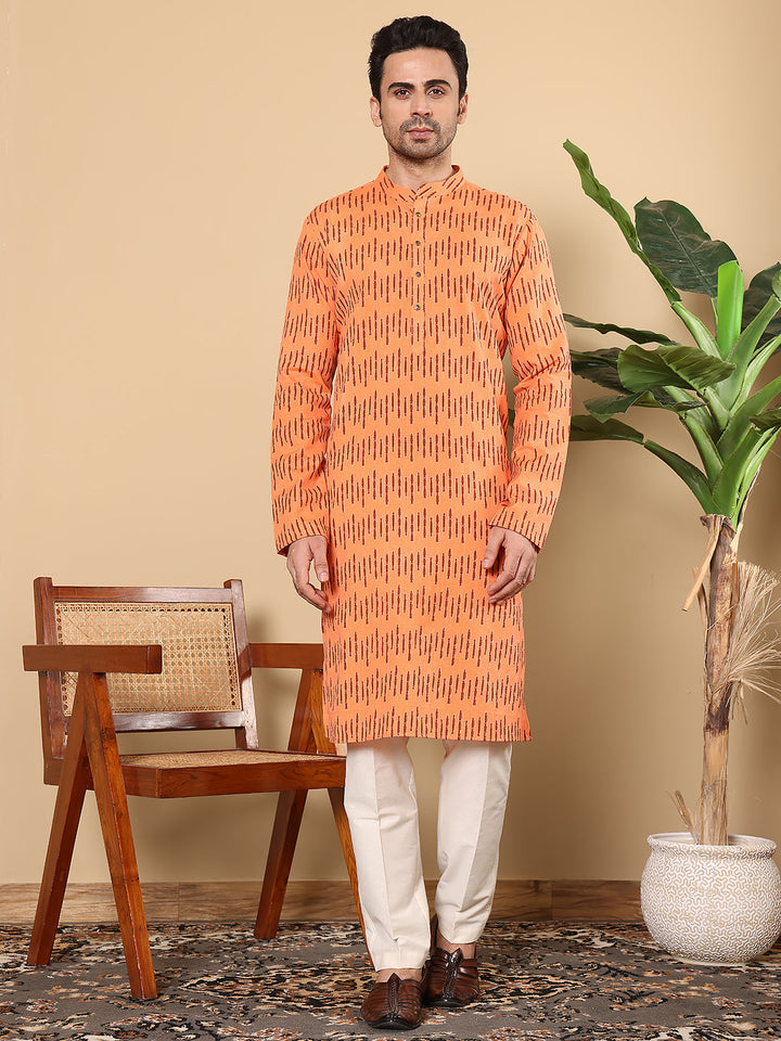 Men's Orange Straight Cotton Printed Kurta,Cream solid trouser style churidar | SHOBITAM