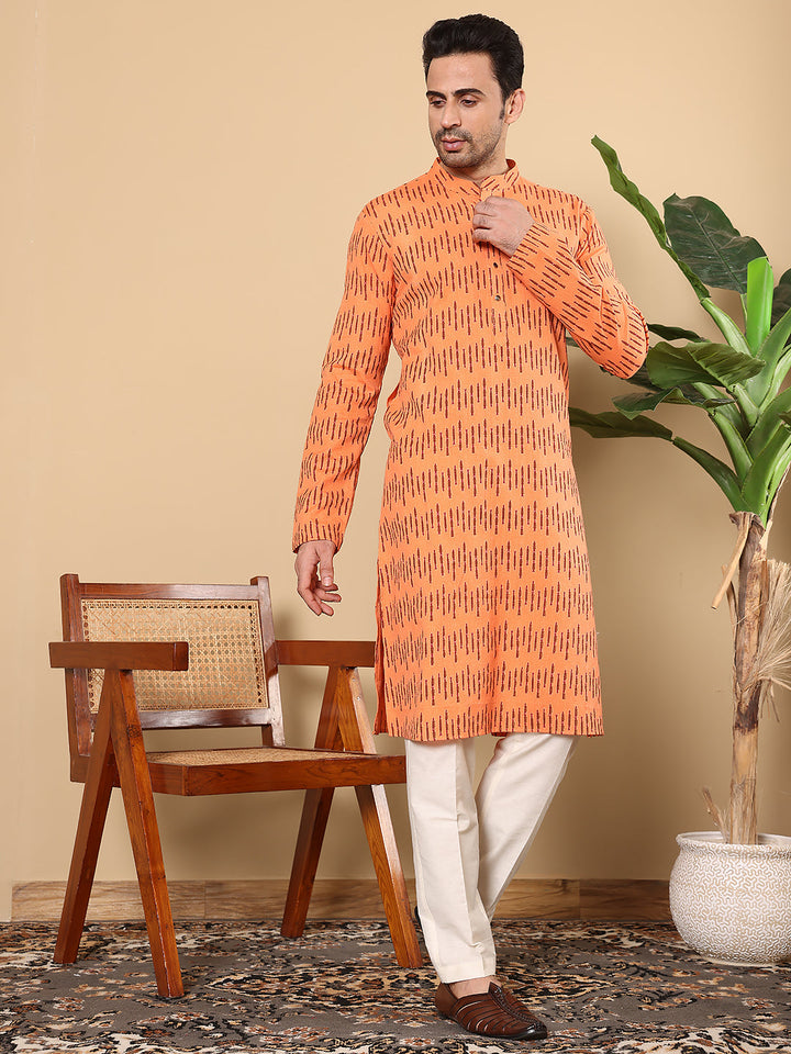Men's Orange Straight Cotton Printed Kurta,Cream solid trouser style churidar | SHOBITAM